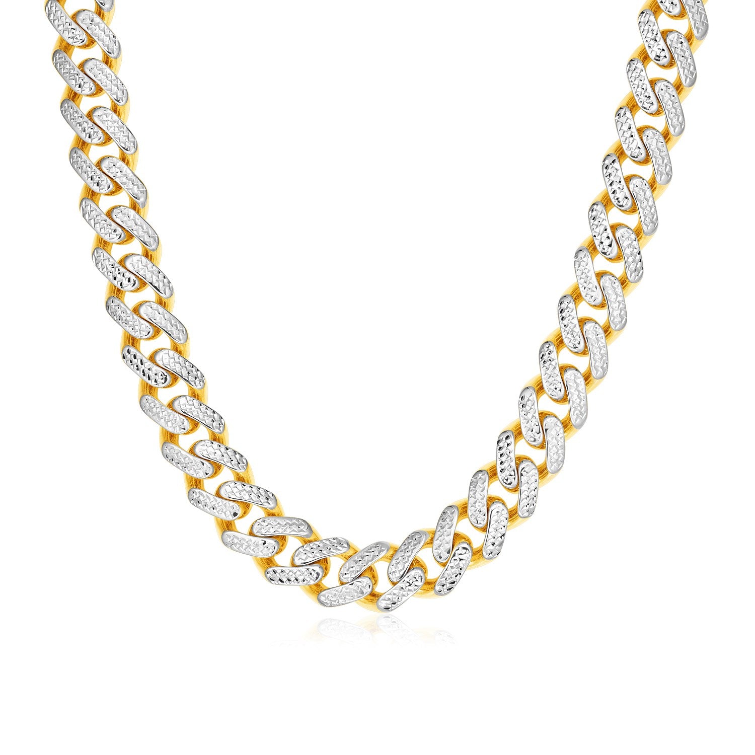 14k Two Tone Gold Miami Cuban Chain Necklace with White Pave in a sleek high-contrast midnight luxury editorial style